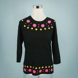 Milly Size Large L Black Polka Dot Print Crew 3/4 Sleeve Wool Cashmere Sweater